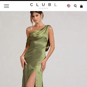 Club London JAYNE OLIVE SATIN ASYMMETRIC DRAPED SPLIT MAXI DRESS